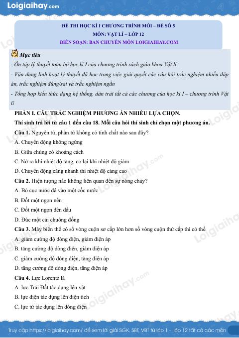 Đề thi học kì 1 Vật lí 12 Chân trời sáng tạo - Đề số 5
